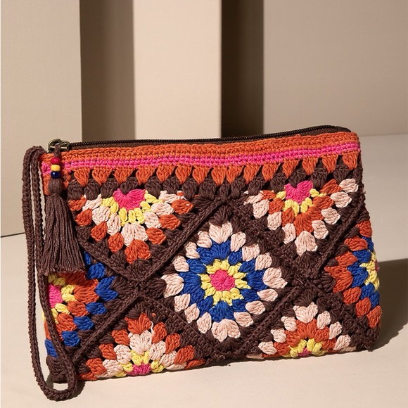 Crochet Handmade brown beaded beaded boho bohemian zip clutch purse tote - Picture 5 of 7